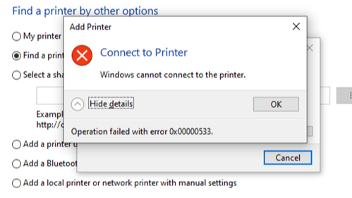 Windows10 无法连接到局域网内打印机，并提示0x00000533错误
