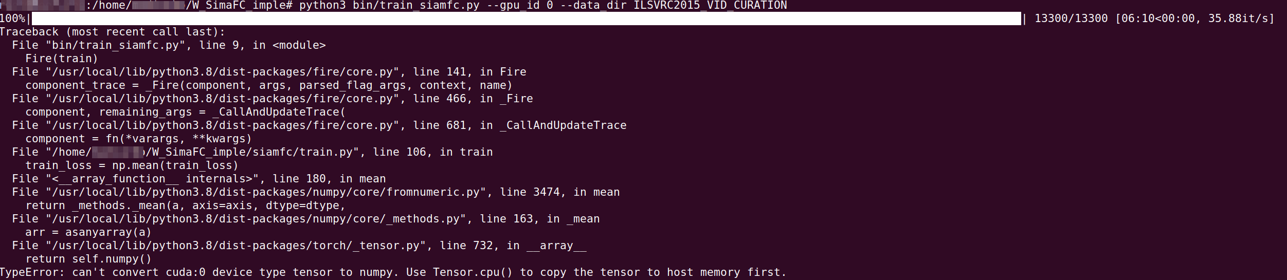 训练神经网络时报错：can't convert cuda:0 device type tensor to