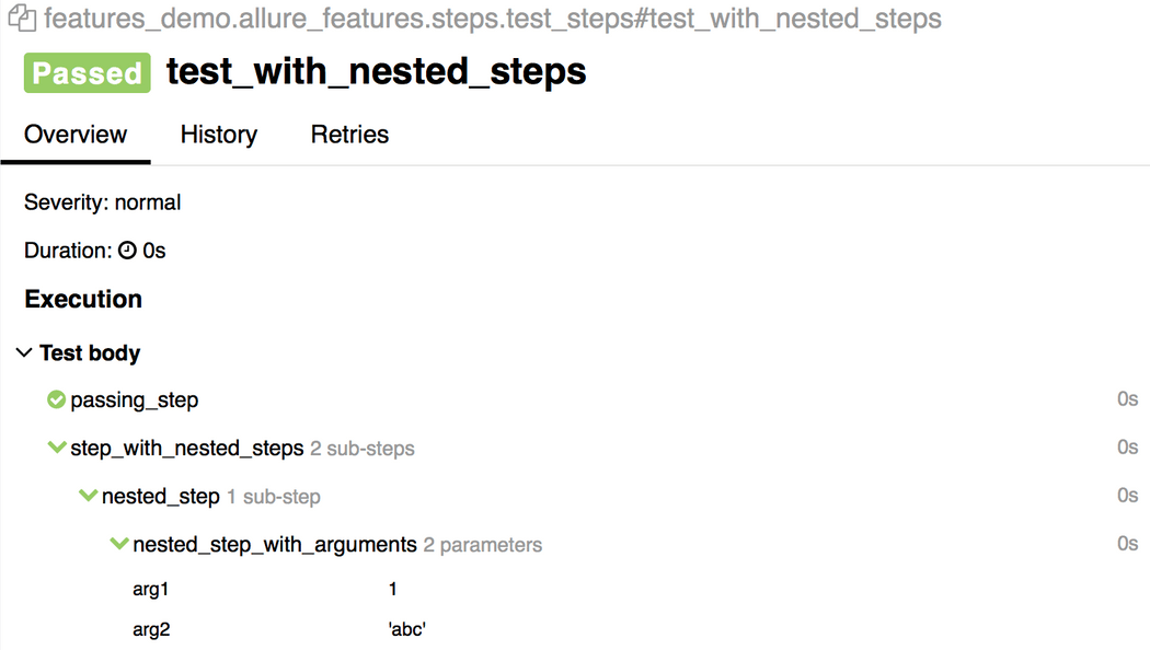Nested steps and steps with arguments.