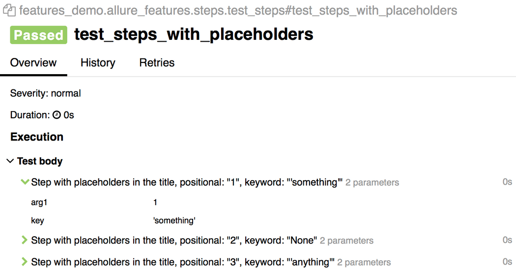 Nested steps and steps with arguments.