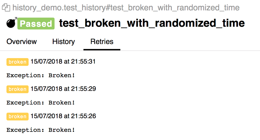 Retries tab for a test that was rerun.