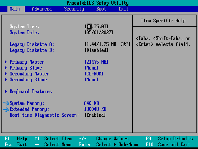 看下方，只有640KB是System Memory，其他全部被视作了Extended Memory