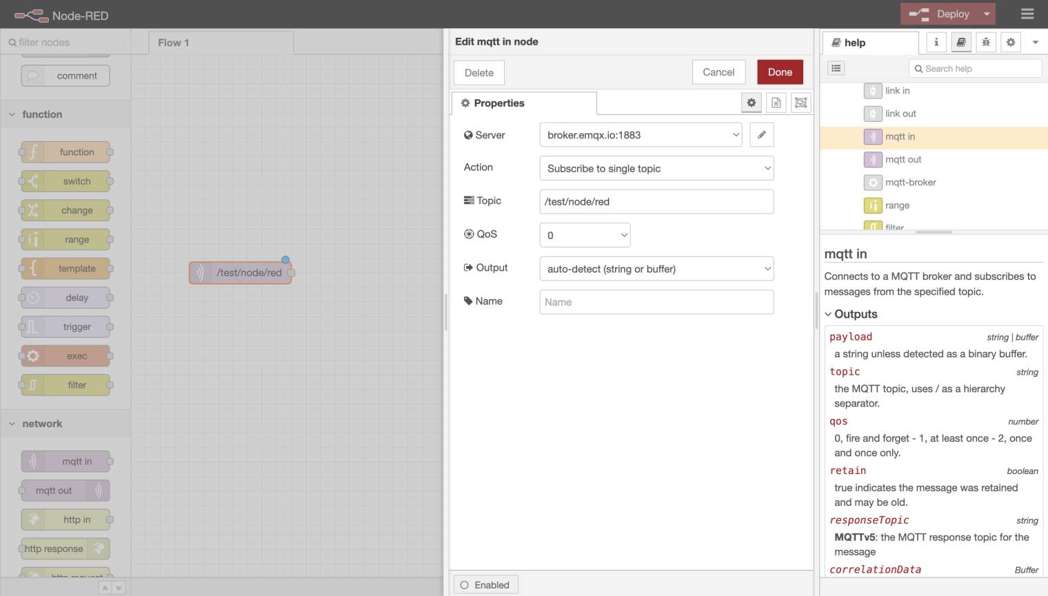 Node-RED MQTT in node