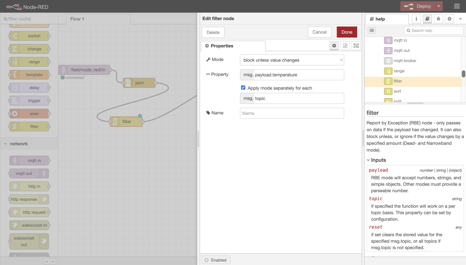 Node-RED filter node