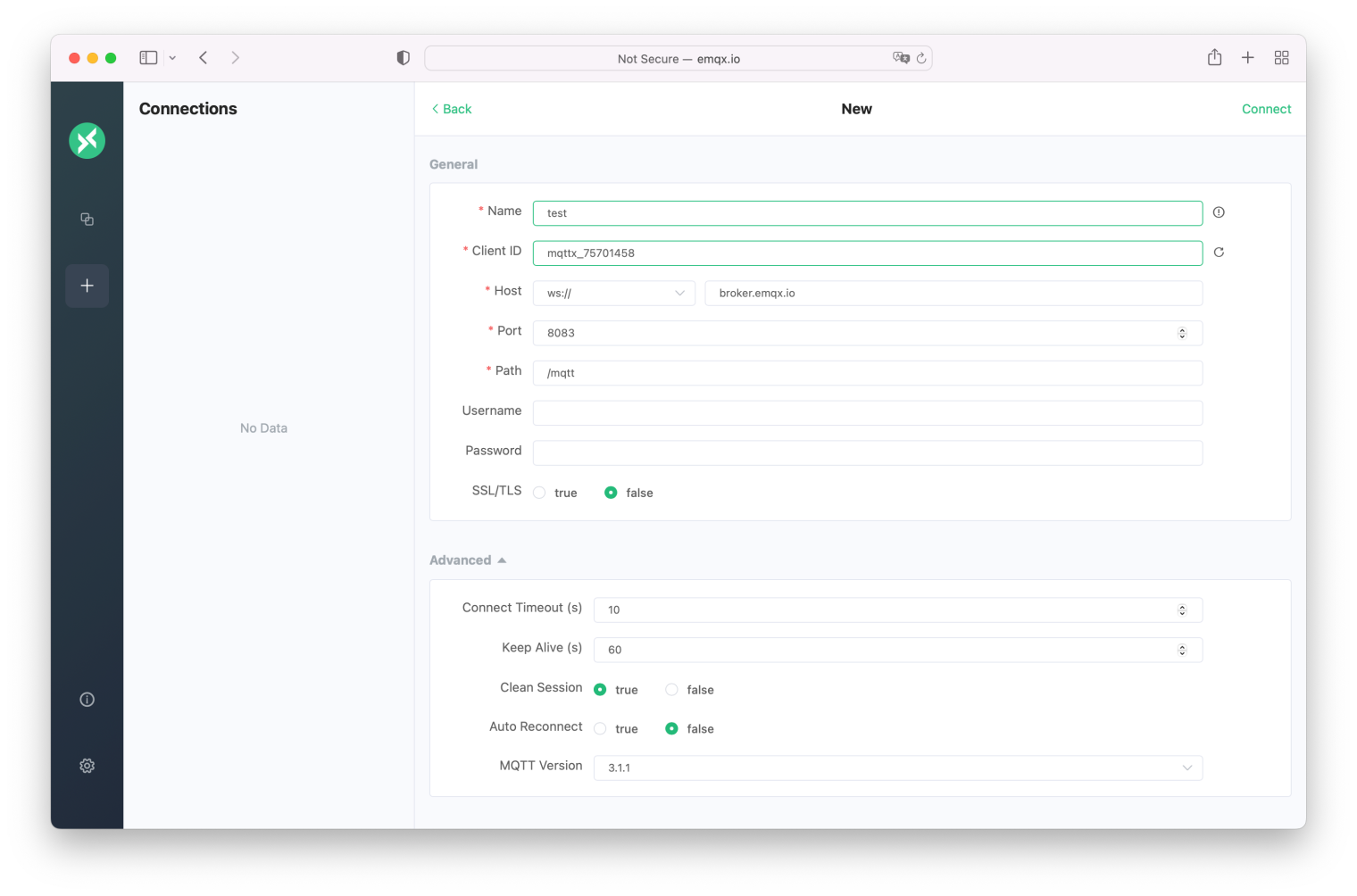 MQTT X Web 创建连接