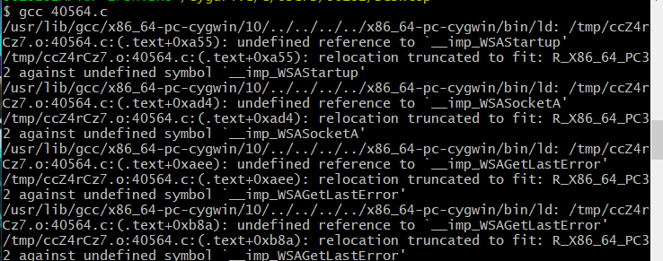 undefined reference to `__imp_WSASocketA'/undefined reference to 
