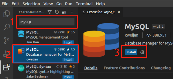 搜索MySQL并点击Install安装该扩展