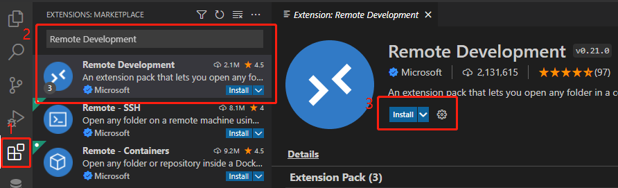 在扩展中搜索并安装Remote Development