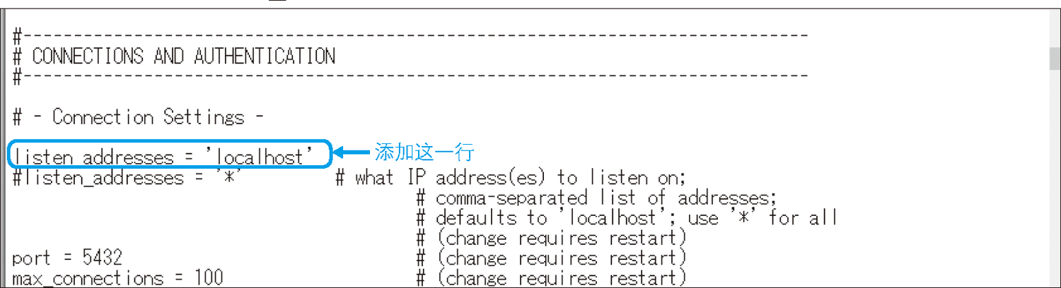 添加“listen_addresses = 'localhost'”