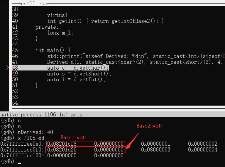 gdb調試test11.cpp，兩個虛函數表