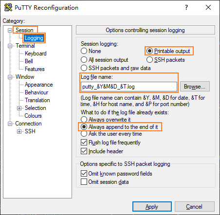 putty logging