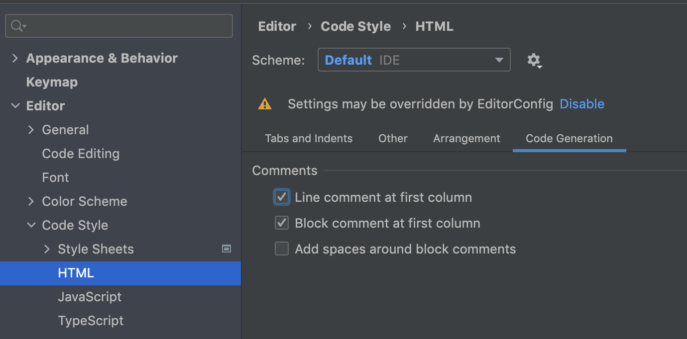 WebStorm 设置 HTML JavaScript 注释缩进行为