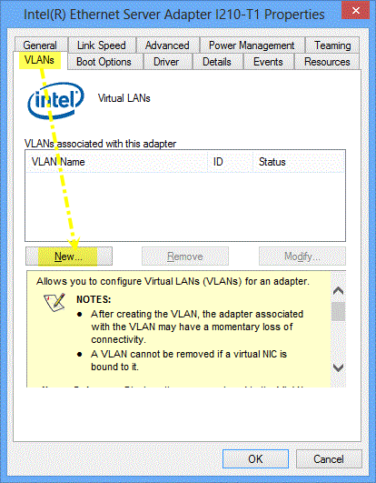 Windows device manager VLAN properties screen highlighting the "new" button