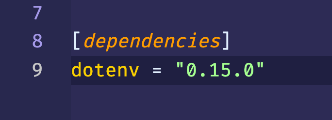 7 
8 
9 
dependencies] 
dotenv = " 
o. 15.0" 