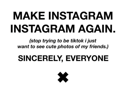 “住手吧，别想成为 TikTok 了，　　我只想看朋友们的可爱照片。”　　Instagram 上被转发的倡议