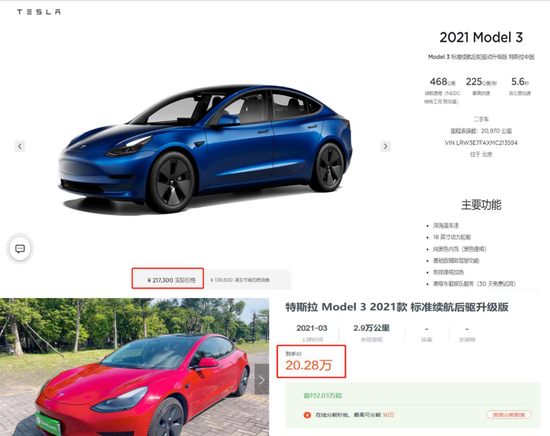 特斯拉官方二手车（上）与某二手车电商平台车型售价对比，截图自特斯拉官方二手车官网/某二手车电商平台网站
