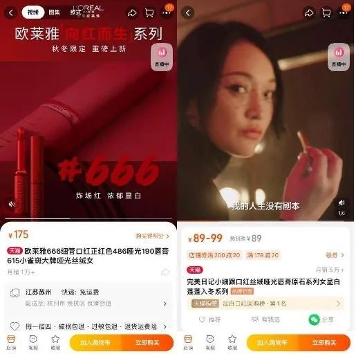 左：欧莱雅细管口红 /右：小细跟口红